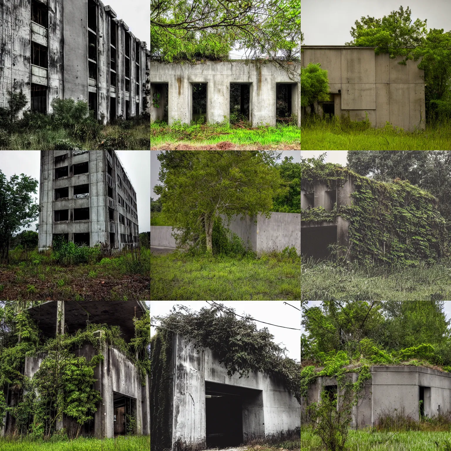 Prompt: Abandoned concrete building with plants and trees, overcast, low saturation photo