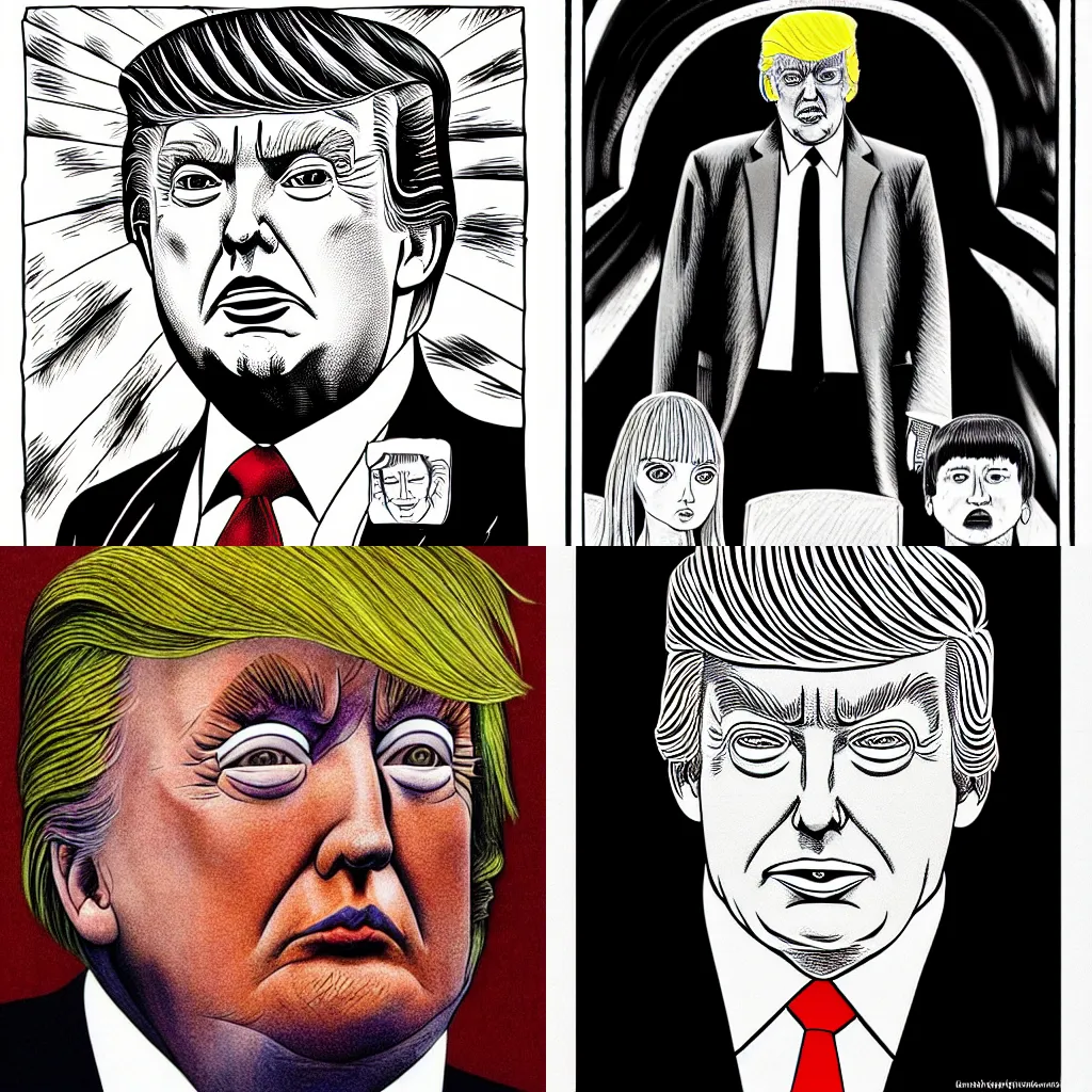 Prompt: “A portrait of Donald Trump by Junji Ito”