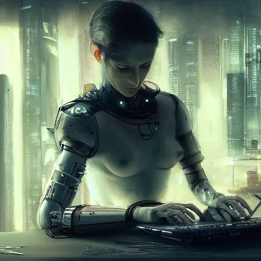 Prompt: !dream a kitten cyborg coding on a laptop, cyberpunk atmosphere, by Ruan Jia