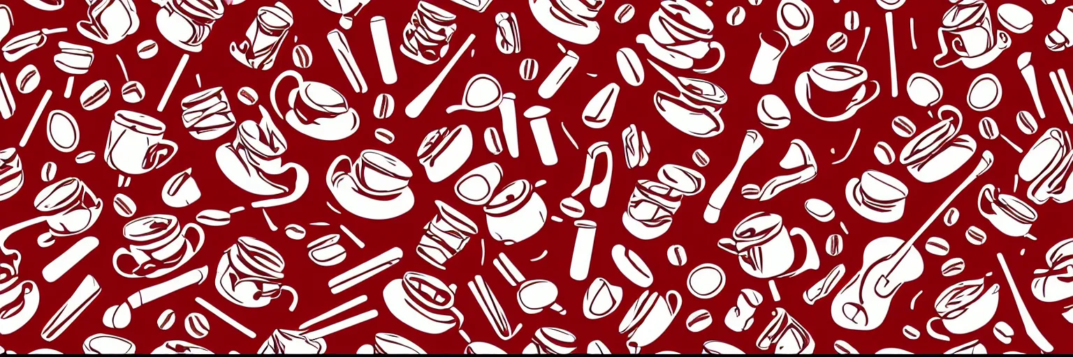 Prompt: seamless pattern design, coffee and musical instrument, vector, simple, red and white,