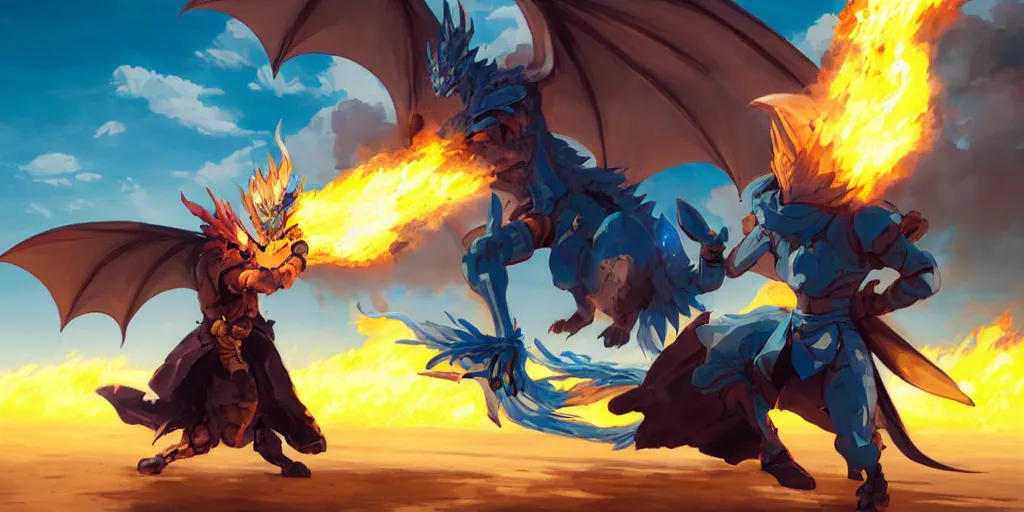 Prompt: dragon spits fire on a blue knight holding a gold sword, a green hatchback car is nearby, low wide angle, anime, desert landscape, greg rutkowski, Murata, one punch man manga, cinematic, digital art, hyper realistic