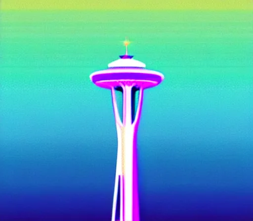 Prompt: a beautiful and immaculate balanced vaporwave ombre scene depicting outrun style seattle and the space needle