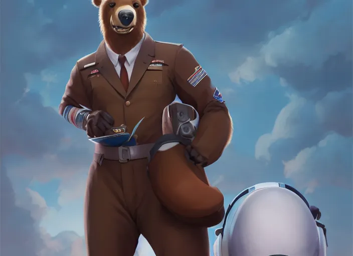 Image similar to character portrait feature of the anthro male anthropomorphic kamchatka brown bear fursona wearing white airline pilot outfit uniform professional pilot for delta airlines character design stylized by charlie bowater, ross tran, artgerm, and makoto shinkai, detailed, soft lighting, rendered in octane