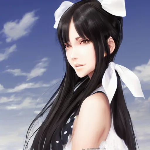 Image similar to luxury advertisement, astonishing portrait of a very beautiful anime high-school girl with black hair ponytail, white ribbon, full perfect face, realistic, highly detailed background, artstation, 120 degree view, drawn by Sasoura, Satchely and Akihiko Yoshida, no distortion