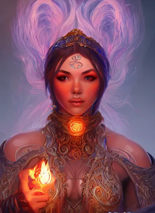 Prompt: a highly detailed character portrait of a female pyromancer radiating a fiery aura, ornate glowing robes, intricate, digital painting, artstation, intricate, concept art, smooth, sharp focus, illustration, deep vibrant colors