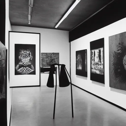 Image similar to A black and white screen print photography of gallery exhibition view from the 60s, neon light, anthropology, colonial, wild, exotic, masks, ethnography, screen printing