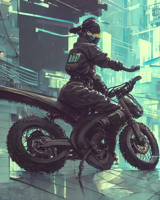 Image similar to kyoto animation girl wearing cyberpunk intricate streetwear riding dirt bike, respirator, detailed portrait, cell shaded, 4 k, concept art, by wlop, ilya kuvshinov, artgerm, krenz cushart, greg rutkowski, pixiv. cinematic dramatic atmosphere, sharp focus, volumetric lighting, cinematic lighting, studio quality