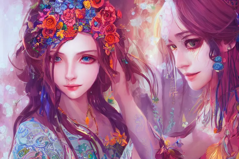 Image similar to a beautiful bohemian girl, intricate, highly detailed, digital painting, pixiv, artstation, official media, anime key visual, concept art, rich vivid colors, ambient lighting, sharp focus, illustration, art by erak note