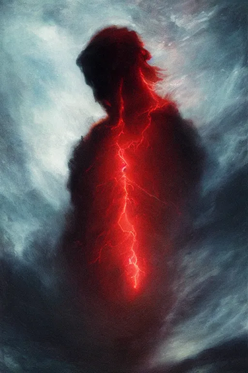 Prompt: a hulking human male silhouette in the darkness, his eyes glowing red, roiling stormclouds overhead,. atomospheric, artgerm, in the style of turner, high detail, 8 k resolution,