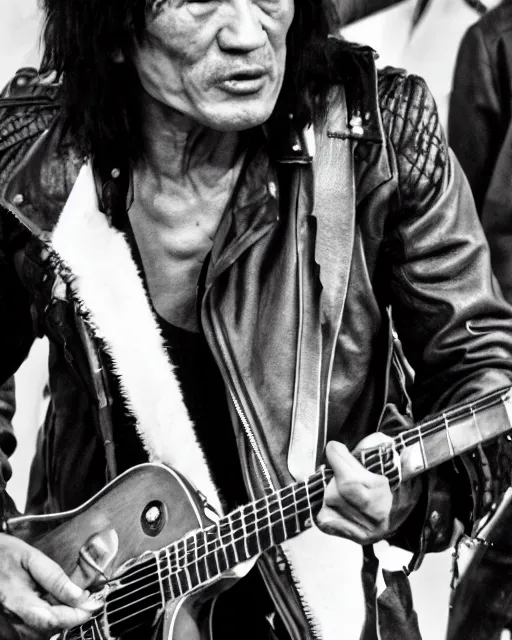 Image similar to sixty years old viktor tsoi with guitar in his hands, leather jacket, photo, microphone, rock concert, black and white, iso 6 0 0, 3 5 mm, codac gold