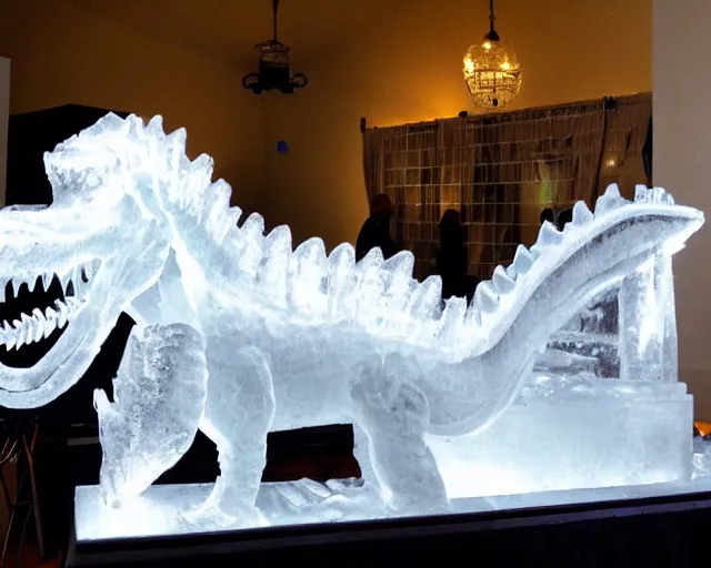 Image similar to ice sculpture inspired by a man made sculpture of a dinosaur. angels everywhere.