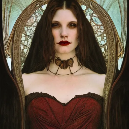 Image similar to portrait of a lady vampire, 35mm, 1920', depth of field, ominous, sharp, highly detailed, photorealistic, realistic, unreal 5, high definition, 8k, deviantart, donato giancola, irwin penn, Alphonse Mucha