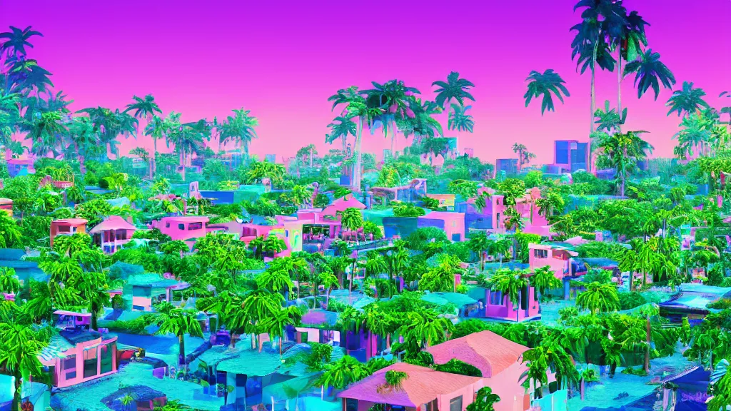 Image similar to village in a vaporwave jungle, 4k, ultra realistic, award winning photograph