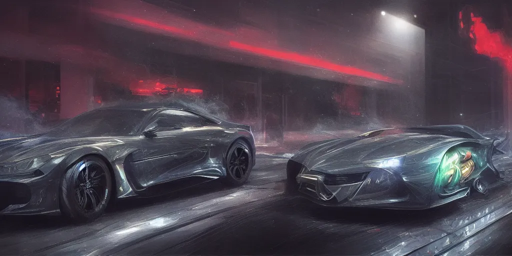 Image similar to full view of a sport car, surrounded in a detailed smoke, busy wet street at night, painted in dark color holographic pearlescent, elegant, digital painting, concept art, smooth, sharp focus, art style from Wang Ke and Greg Rutkowski and Bruce Kaiser and Scott Robertson and Dmitry Mazurkevich and Doruk Erdem and Jon Sibal, small style cue from Mad Max