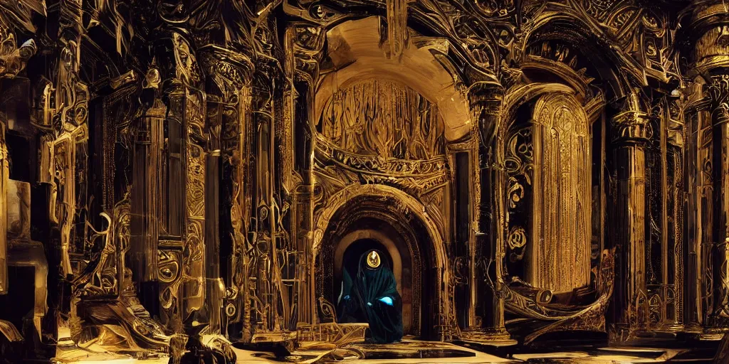 Prompt: a dark hooded cultist high priest , flowing robes made of obsidian and gold, ornate mask and fabrics, cinematic, epic, grandeur, large scale, tall ceilings, archways