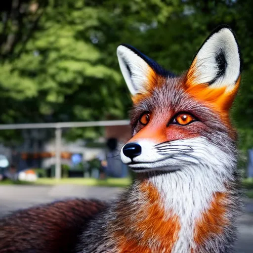 Image similar to portrait of a fox fursuiter posing for the camera at a furry convention, outdoors in the city, realisitc photo