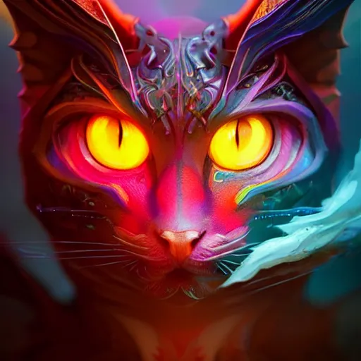 Image similar to beautiful colorful dragon cat. intricate portrait, occult cyberpunk, ancient futuristic, dark art, occult. by Petros Afshar, by artgerm, by Eddie Mendoza, by Peter mohrbacher, octane render, 3d, unreal engine, depth of field, bokeh, motion blur, blur