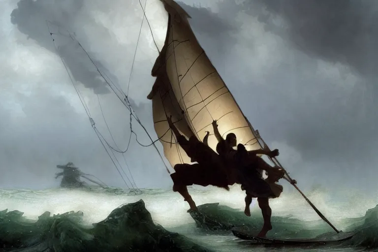 Image similar to ancient historically accurate depiction of Bible Character walking on water during a storm, a small fishing sailboat with scared sailors on board, dramatic lighting by frank miller, illustration by Ruan Jia and Mandy Jurgens and William-Adolphe Bouguereau, Artgerm, 4k, digital art, surreal, space dandy style, highly detailed, godsend, artstation, digital painting, concept art, smooth, sharp focus, illustration by Ruan Jia and Mandy Jurgens and William-Adolphe Bouguereau, Artgerm