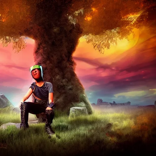 Prompt: young explorer wearing a cyberpunk headpiece, cyberpunk clothes, full body, sitting in a field, monolith ruins in background, sunset, sharp focus, volumetric lighting, highly detailed, by Max Prentis 8k wallpaper