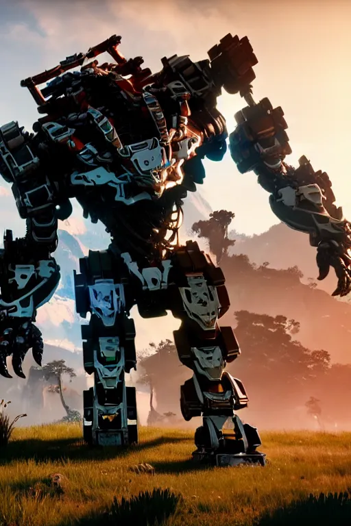 Prompt: a cinematic still from horizon zero dawn, full body mech, armored core, intact humanoid servo, octane render, nvidia raytracing demo, masterpiece, aged armor plating, decipticon armor plating, aggressive head, endoekeleton exposure