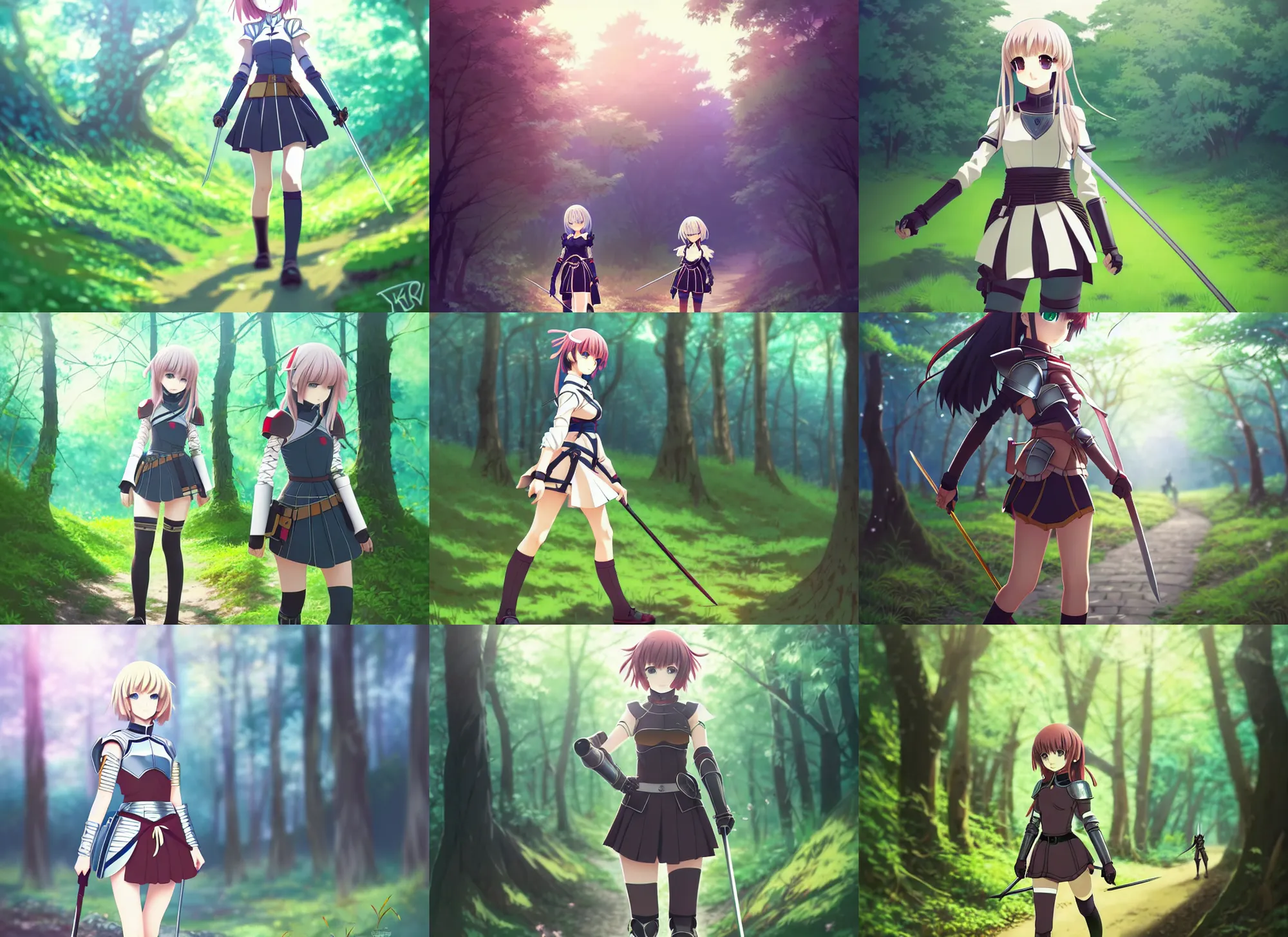 Prompt: anime visual, full body portrait of a young female knight in armor walking in a forest exterior environment, cute face by ilya kuvshinov, yoh yoshinari, kyoani, dynamic pose, dynamic perspective, rounded eyes, clean anime outlines, anime cels mucha, flat