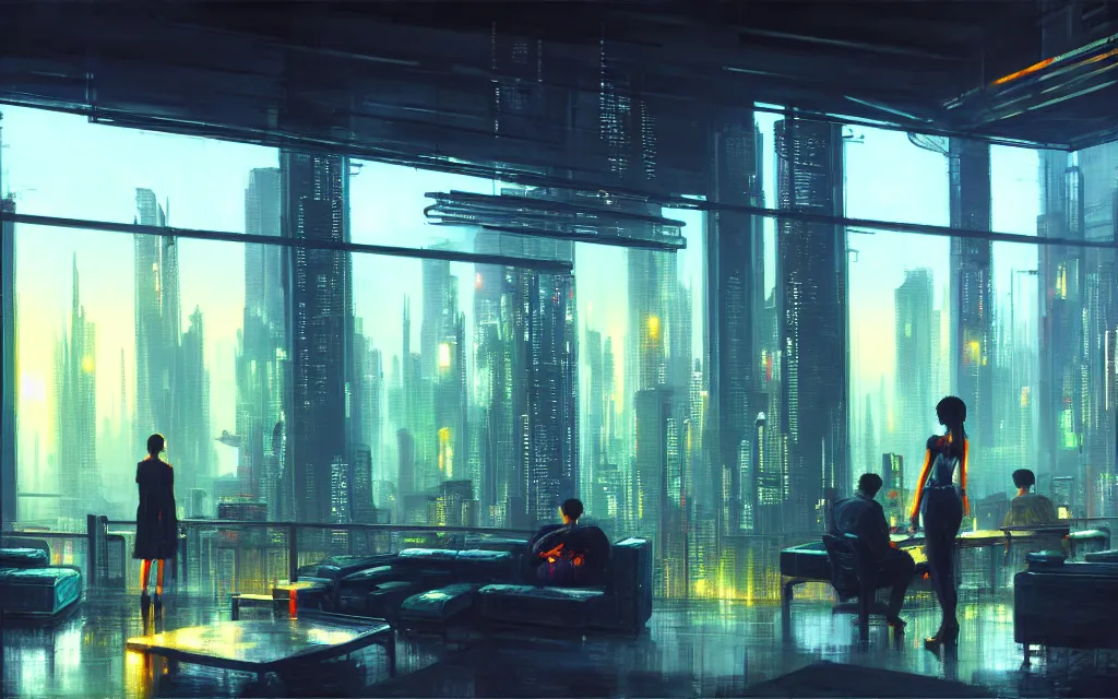 Image similar to cyberpunk loft lounge with tall windows, few people, city in background, drawn by feng zhu, sparse plants, dim painterly lighting volumetric aquatics, impasto