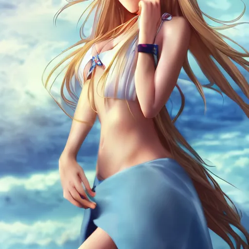 Image similar to a very beautiful mature yuuki asuna, full body, long wavy blond hair, sky blue eyes, full round face, bikini, miniskirt, front view, mid - shot, highly detailed, cinematic wallpaper by stanley artgerm lau