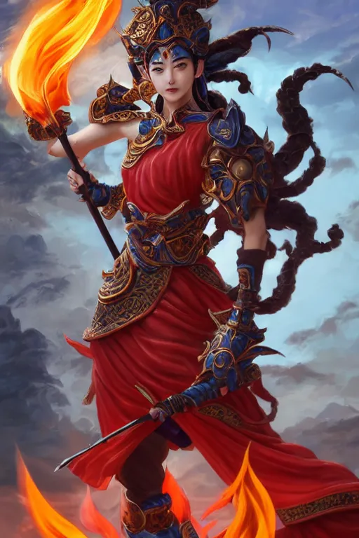 Image similar to a masterpiece portrait of nezha, legendary god holding spear and stand in flame, hero action pose, fantasy character portrait, closeup shot, hyper detailed, digital painting, 8 k realistic, trending on artstation, sharp focus, dof, by fenghua zhong, artgerm, ne zha from smite, tsuyoshi nagano, artgerm