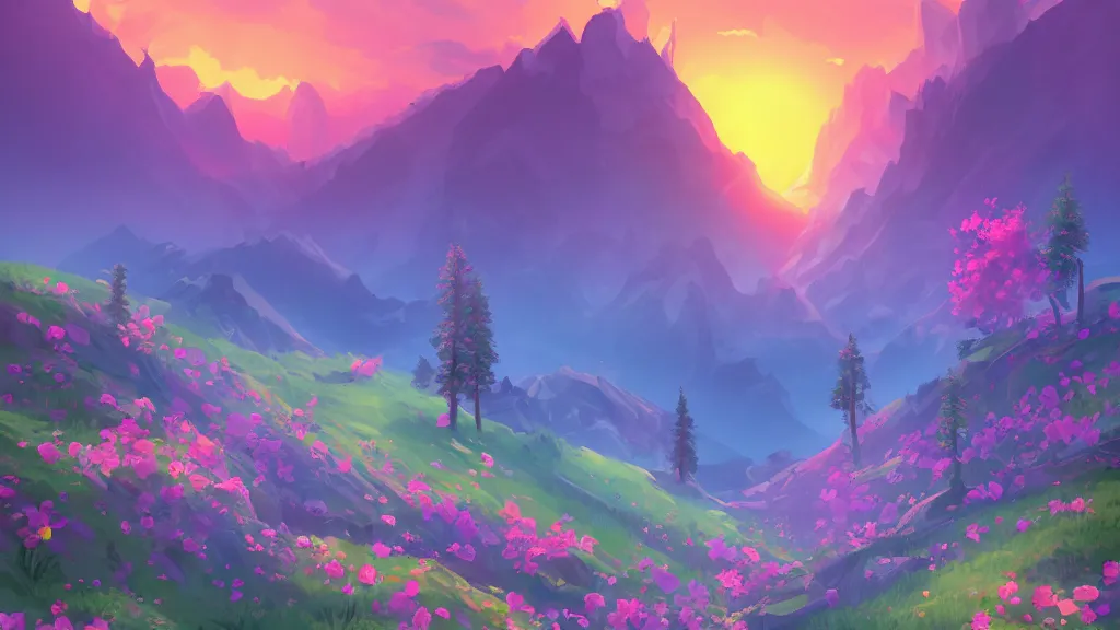 Image similar to a flowery unreal mountain scenery, sunset, cartoon, cute, artstation, digital art.