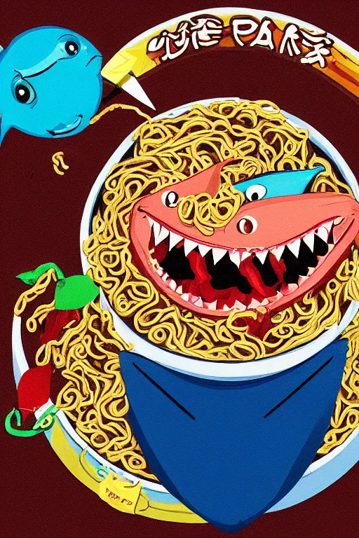 Image similar to a colorful shark eating ramen by leo lionni