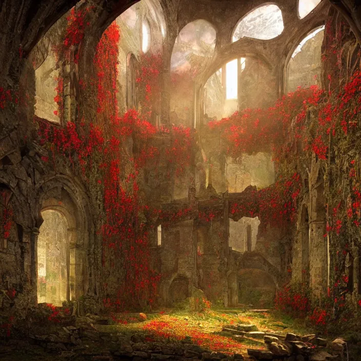 Prompt: a interior photo of a ruined church with a lot of red flowers growing inside at sunset, godrays, complementary colors, concept art, DeviantArt, Ferdinand Knab, beautiful, 8K,highly detailed, high quality