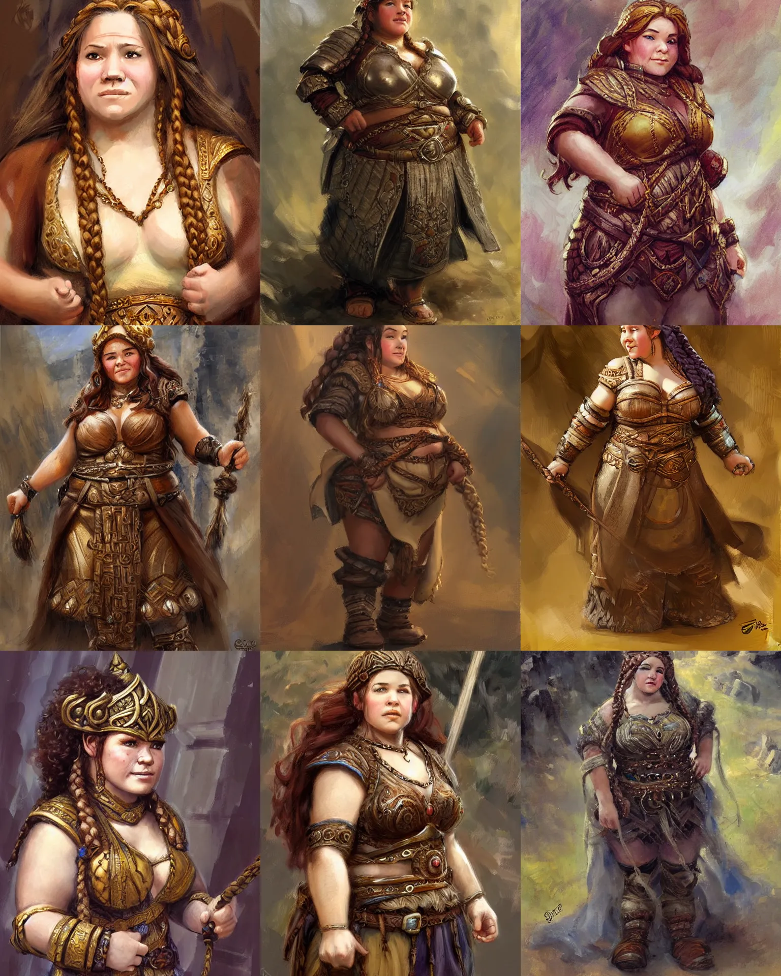 Prompt: female dwarven noblewoman, chubby short stature, braided intricate hair, by johan grenier