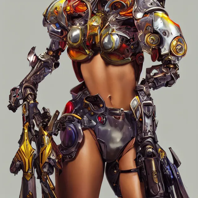 Image similar to studio portrait of lawful good colorful female holy mecha paladin absurdly beautiful, elegant, young skinny bikini model, ultrafine hyperrealistic detailed face illustration by kim jung gi, irakli nadar, intricate linework, sharp focus, bright colors, matte, octopath traveler, final fantasy, unreal engine highly rendered, global illumination, radiant light, intricate environment