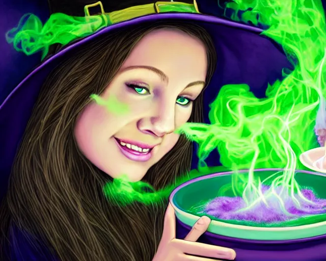 Image similar to close up portrait, happy teen witch and her cat mixing a spell in a cauldron, faint wispy green and purple smoke fills the air, a witch hat, cinematic, green glowing smoke is coming out of the cauldron, ingredients on the table, apothecary shelves in the background, scary stories to tell in the dark book cover, goosebumps