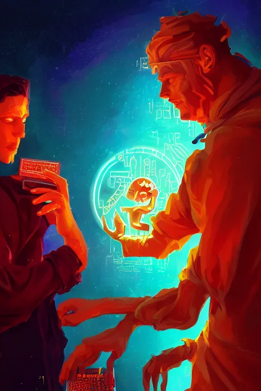 Image similar to the god hermes handing a man a computer on fire, the fire is made of binary code, digital painting bioluminance alena aenami artworks in 4 k design by lois van baarle by sung choi by john kirby artgerm style pascal blanche and magali villeneuve