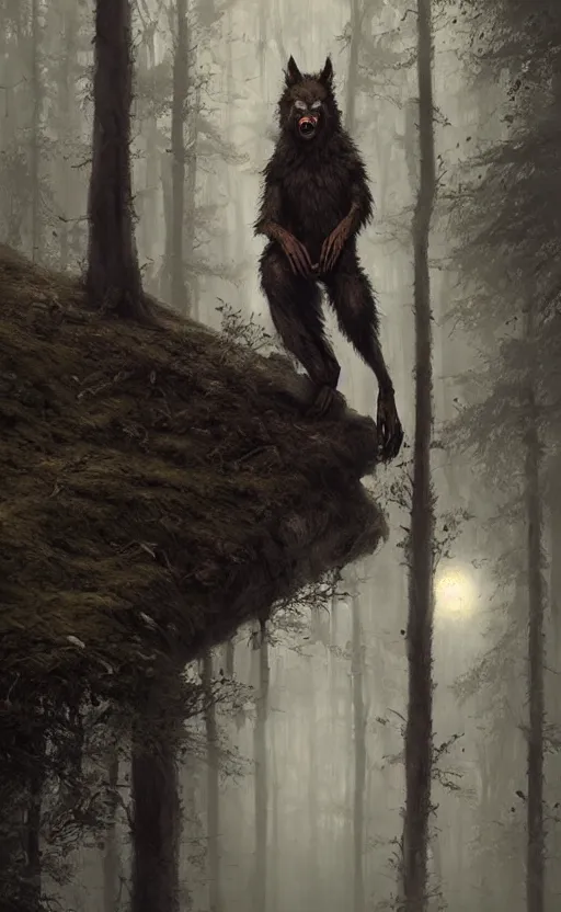 Prompt: hyperrealistic, Portrait of a werewolf crouched in a foggy forest, fantasy, yellow eyes, highly detailed, cinematic lighting, digital art painting by greg rutkowski