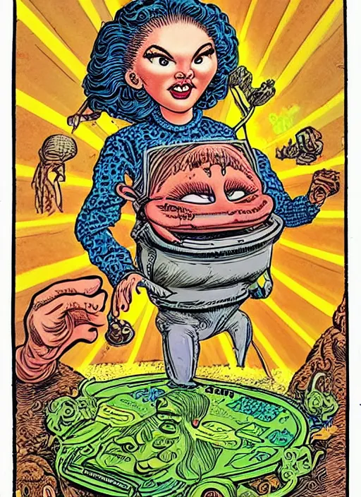 Image similar to portrait of a beautiful woman by basil wolverton and robert crumb in the style of a garbage pail kids card, tarot card, play - doh