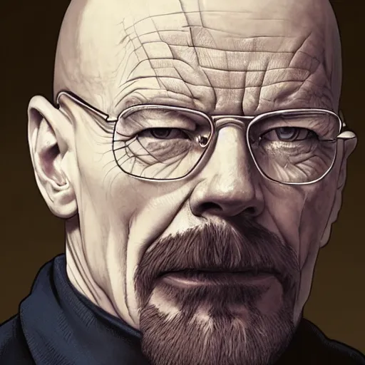 Prompt: walter white, fantasy character portrait, dynamic pose, above view, sunny day, very coherent asymmetrical artwork, sharp edges, perfect face, simple form, 100mm by Stanley Artgerm Lau, greg rutkowski, thomas kindkade, alphonse mucha, loish