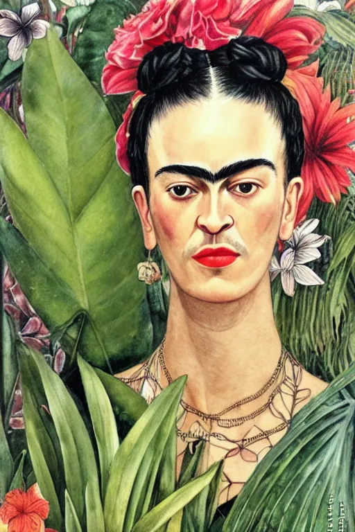 Prompt: frida kahlo realistic portrait closeup surrounded by tropical plants and flowers, art by luis royo and walter crane and kay nielsen, watercolor illustration,