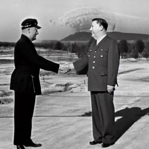 Prompt: chanceler merkel and hitler shaking hands with a mushroom cloud in the background, press photo