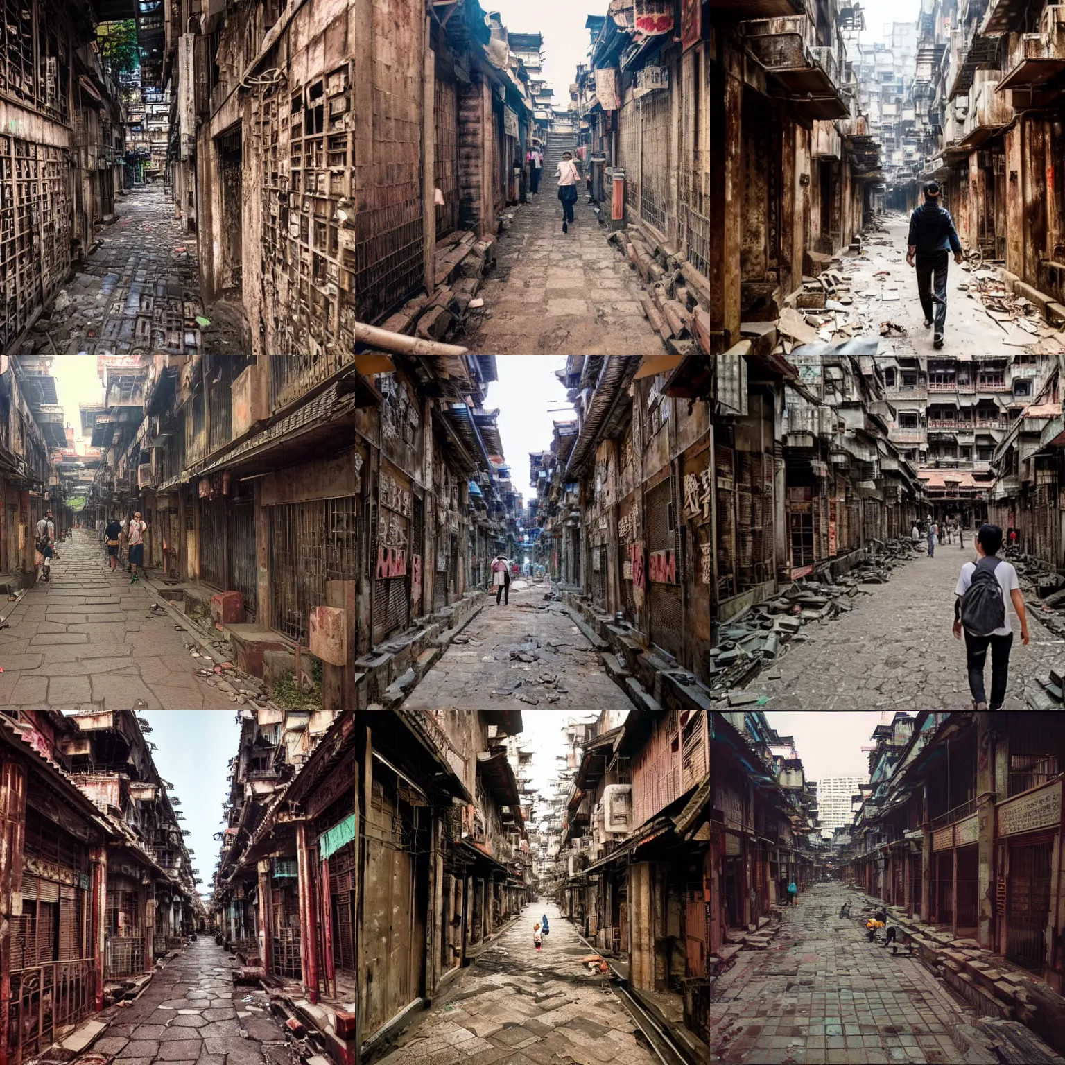 Prompt: first person pov of someone walking through the streets of kowloon walled city