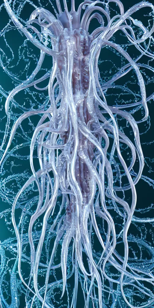 Prompt: a photorealistic render of a 3 d alien jellyfish sculpture, made of liquid metal and marble, c 4 d, by ernst haeckel and zhelong xu, complex and hyper realistic, plain background, 8 k, volumetric lightning, very detailed