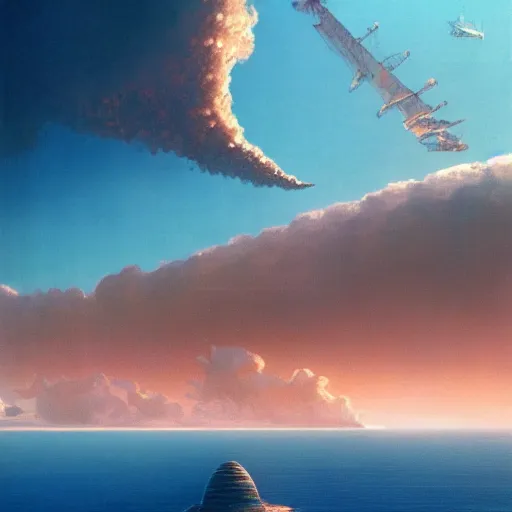 Image similar to beautiful matte painting of golden shores of a blue dreamy ocean, heavenly island in the clouds floating above the ocean, spaceship flying by, sci - fi, daylight, blue sky, cinematic lighting, cinematic perspective, syd mead, john harris, federico pelat