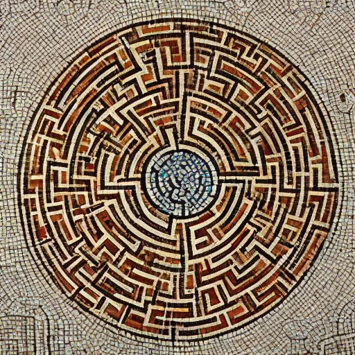 Image similar to medium shot Mosaic depicting a labyrinth, from Italica, AD 176-275. Archaeological Museum, Seville. Byzantine mosaics, highly detailed, HQ, HD, beautiful, National Geographic,