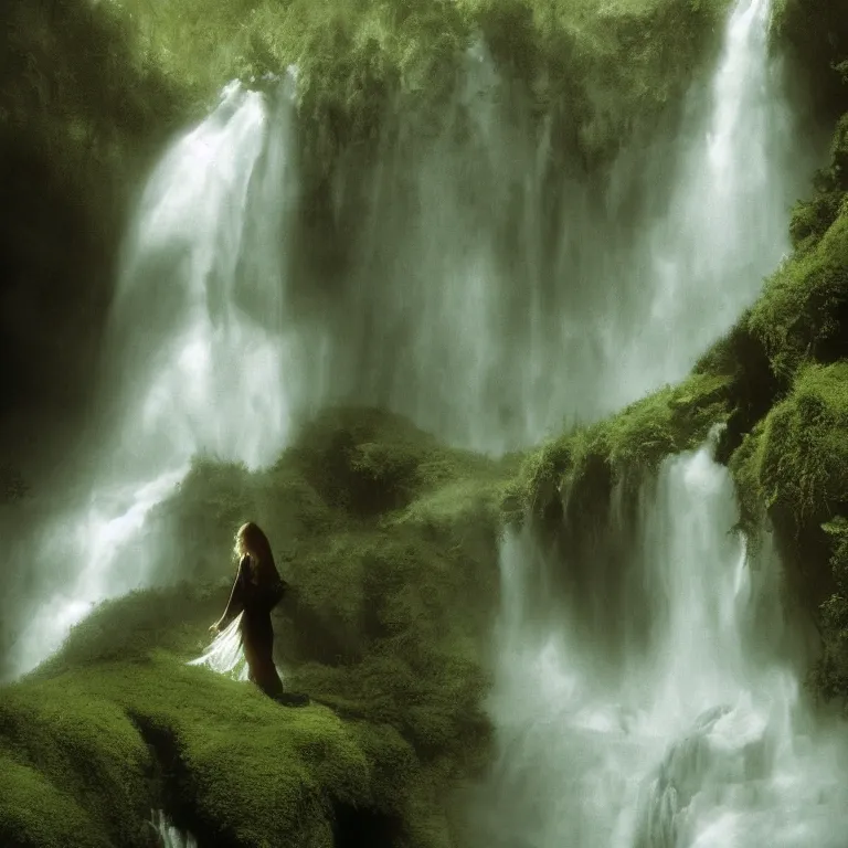 Image similar to dark and moody 1 9 8 0's artistic color spaghetti western film, a woman in a giant billowing wide long flowing waving shining bright white dress made out of waterfalls, standing inside a green mossy irish rocky scenic landscape, huge waterfall, volumetric lighting, backlit, atmospheric, fog, extremely windy, soft focus