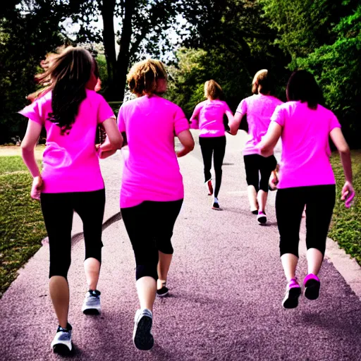 Prompt: group of woman running with pink t-shirts view from behind, front lit, cinematic, epic, 50mm