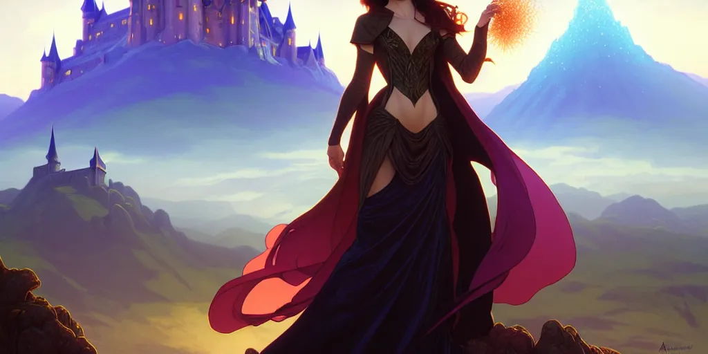 Image similar to a portrait of a fantasy female magician surrounded by magical particles stands on a hill. in the background on another hill stands a castle with mountains in the background, filled with magic, highly detailed, digital painting, artstation, smooth, sharp focus, illustration, art by artgerm and greg rutkowski and alphonse mucha