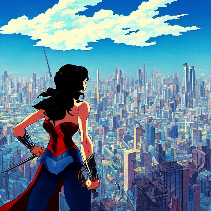 Image similar to painting of bloodlines wonder woman with urban japanese city in the background in the style of cowboy bebop, calm, fantasy character portrait, dynamic pose, above view, sunny day, thunder clouds in the sky, artwork by makoto shinkai, very coherent asymmetrical artwork, sharp edges, perfect face, simple form, 1 0 0 mm