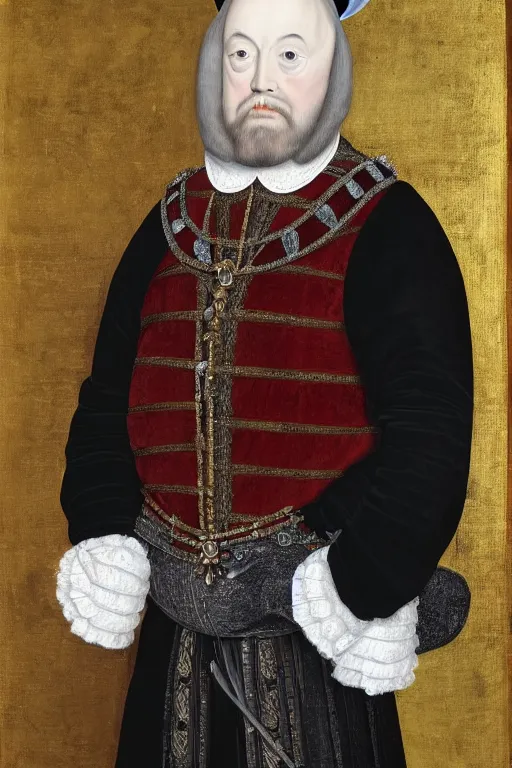 Prompt: huw edwards, portrait, dressed as henry viii, historical, oil painting, photorealistic