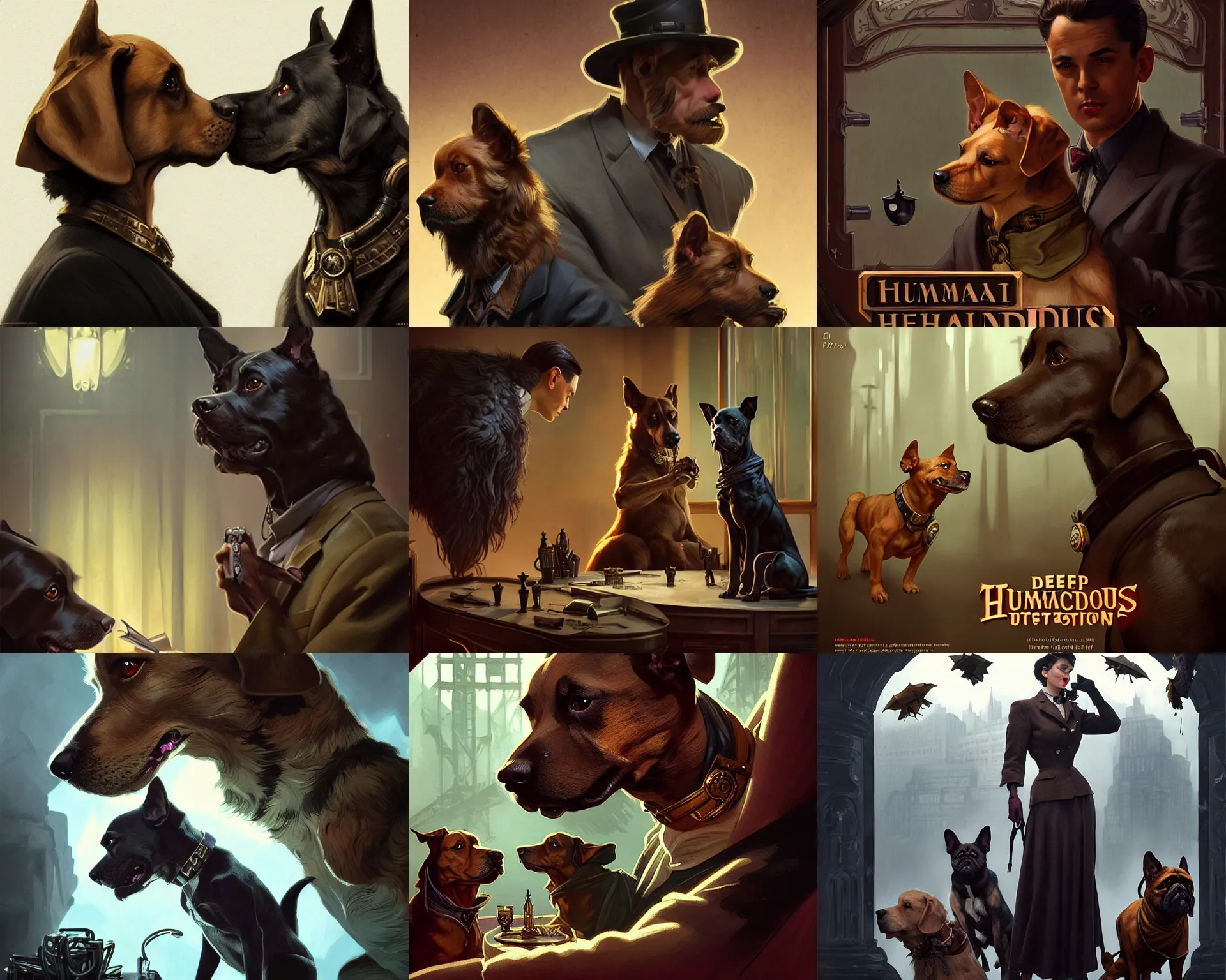 Prompt: film still, humanoid dogs are detectives in a 4 0 s noir film, deep focus, d & d, fantasy, intricate, elegant, highly detailed, digital painting, artstation, concept art, matte, sharp focus, illustration, hearthstone, art by artgerm and greg rutkowski and alphonse mucha.